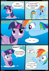 Size: 1035x1499 | Tagged: safe, artist:mikedugan, derpibooru import, rainbow dash, twilight sparkle, twilight sparkle (alicorn), alicorn, pegasus, pony, comic:the lost tribe, comic, ocean, summer, swimming, water