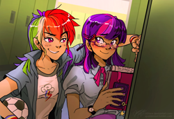 Size: 1240x851 | Tagged: safe, artist:ddhew, rainbow dash, twilight sparkle, equestria girls, blushing, female, football, glasses, human coloration, humanized, lesbian, locker, lockers, pen, shipping, twidash