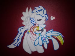 Size: 1024x768 | Tagged: safe, artist:swirlyquill, rainbow dash, soarin', pegasus, pony, eyes closed, female, heart, hug, male, paper, shipping, smiling, soarindash, spread wings, straight