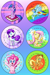 Size: 600x886 | Tagged: safe, artist:paradigmpizza, derpibooru import, angel bunny, applejack, fluttershy, pinkie pie, rainbow dash, rarity, twilight sparkle, twilight sparkle (alicorn), alicorn, earth pony, pegasus, pony, unicorn, badge a minit, mane six