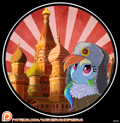 Size: 841x867 | Tagged: safe, artist:sorcerushorserus, derpibooru import, rainbow dash, pegasus, pony, cathedral, church, cross, moscow, patreon, patreon logo, russia, solo, soviet, soviet union, st. basil's cathedral, sunburst background