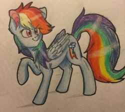 Size: 2448x2195 | Tagged: safe, artist:snowfoxythefox, derpibooru import, rainbow dash, pegasus, pony, ballpoint pen, colored, colored pencil drawing, colored sketch, cute, dashabetes, determined, legs in air, looking back, pencil, pencil drawing, simple background, smiling, smirk, solo, traditional art, wip