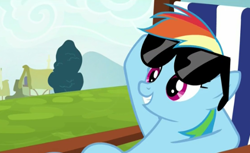 Size: 482x295 | Tagged: safe, derpibooru import, screencap, rainbow dash, pegasus, pony, the cart before the ponies, cropped, sunglasses