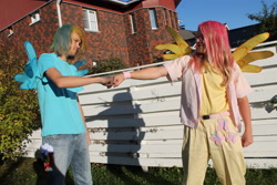 Size: 4272x2848 | Tagged: safe, artist:drako1997, fluttershy, rainbow dash, human, cosplay, hoofbump, irl, irl human, photo