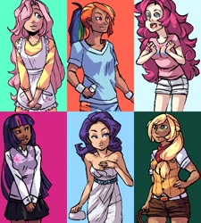 Size: 848x942 | Tagged: safe, artist:rocketsocks, derpibooru import, applejack, fluttershy, pinkie pie, rainbow dash, rarity, twilight sparkle, apron, bandana, clothes, dress, freckles, humanized, mane six, shorts, shoulderless, skirt, sweater vest, wristband