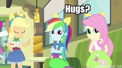 Size: 400x225 | Tagged: safe, derpibooru import, edit, edited screencap, screencap, applejack, fluttershy, pinkie pie, rainbow dash, equestria girls, equestria girls (movie), bronybait, fake ears, hug, hug request, image macro, meme, pony ears, spoiler