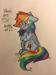 Size: 2448x3264 | Tagged: safe, artist:snowfoxythefox, derpibooru import, rainbow dash, pegasus, pony, angry, blushing, blushing profusely, chest fluff, colored, colored pencil drawing, colored sketch, crossed arms, cute, dashabetes, female, floppy ears, i'm not cute, pencil, pencil drawing, scrunchy face, solo, speech bubble, talking, talking to viewer, traditional art, tsunderainbow, tsundere