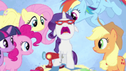 Size: 640x360 | Tagged: safe, derpibooru import, edit, edited screencap, screencap, applejack, fluttershy, pinkie pie, rainbow dash, rarity, twilight sparkle, earth pony, pegasus, pony, unicorn, suited for success, animated, art of the dress, eat the camera, floppy ears, glasses, mane six, nose in the air, open mouth, reversed, sewing machine, singing, uvula, uvula shaking, volumetric mouth, zoom out, zoomed in