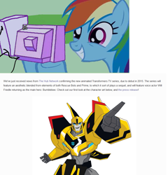 Size: 967x1007 | Tagged: safe, rainbow dash, pegasus, pony, bumblebee, exploitable meme, meme, obligatory pony, transformers, transformers prime sequel, transformers robots in disguise, transformers robots in disguise (2015), tv meme