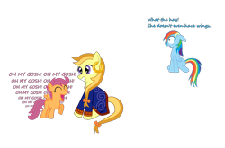 Size: 2037x1345 | Tagged: safe, artist:fetchbeer, rainbow dash, scootaloo, pegasus, pony, crossover, guybrush threepwood, monkey island, obsession, ponified, simple background