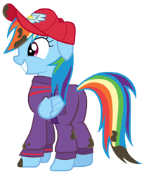 Size: 7000x8516 | Tagged: safe, artist:tardifice, derpibooru import, rainbow dash, pegasus, pony, the cart before the ponies, absurd resolution, belt, cap, clothes, dirty, hat, mechanic, mechanic coveralls, pants, photoshop, plot, simple background, smiling, solo, transparent background, vector