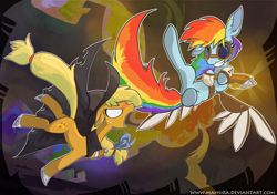 Size: 3200x2250 | Tagged: safe, artist:mahsira, derpibooru import, applejack, rainbow dash, earth pony, pegasus, pony, action pose, amputee, artificial wings, augmented, cape, clothes, fight, flying, goggles, mechanical wing, prosthetic limb, prosthetic wing, prosthetics, steampunk, wings