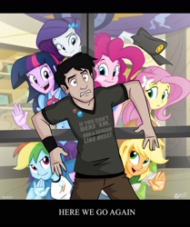 Size: 1507x1800 | Tagged: safe, artist:wolfjedisamuel, derpibooru import, applejack, drama letter, fluttershy, pinkie pie, rainbow dash, rarity, twilight sparkle, oc, oc:wolfjedisamuel, human, equestria girls, against glass, background human, disturbing the force meme, equestria girls drama, furzi, hat, humanized, humanized oc, mane six, not again