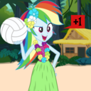 Size: 128x128 | Tagged: safe, artist:matty4z, artist:mohawgo, derpibooru import, rainbow dash, equestria girls, ask hula rainbow dash, clothes, grass skirt, huladash, skirt, volleyball