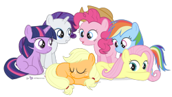 Size: 1035x585 | Tagged: safe, artist:dm29, derpibooru import, applejack, fluttershy, pinkie pie, rainbow dash, rarity, twilight sparkle, earth pony, pegasus, pony, unicorn, filly, mane six, simple background, sleeping, toy story, transparent background