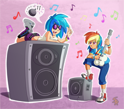 Size: 1012x896 | Tagged: safe, artist:sound-resonance, dj pon-3, rainbow dash, vinyl scratch, human, clothes, converse, guitar, humanized, musical instrument, pictogram, shoes, speakers, this is spinal tap