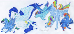 Size: 6435x3035 | Tagged: safe, artist:dawn22eagle, derpibooru import, rainbow dash, soarin', oc, oc:glider, oc:hurricane, oc:storm, pegasus, pony, colored hooves, colored wings, colored wingtips, family, female, male, multicolored wings, offspring, parent:rainbow dash, parent:soarin', parents:soarindash, rainbow wings, realistic horse legs, shipping, soarindash, straight, traditional art