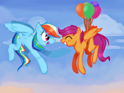 Size: 1400x1050 | Tagged: safe, artist:omeow, rainbow dash, scootaloo, pegasus, pony, balloon, cute, cutealoo, eyes closed, flying, scootalove