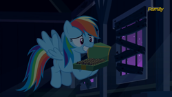 Size: 2208x1242 | Tagged: safe, derpibooru import, screencap, rainbow dash, pegasus, pony, zombie, 28 pranks later, barn, cookie, cute, dark, dashabetes, discovery family logo, female, food, grin, mare, smiling, squee