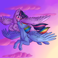 Size: 2300x2300 | Tagged: safe, artist:leafflurry, derpibooru import, rainbow dash, twilight sparkle, twilight sparkle (alicorn), alicorn, pegasus, pony, blushing, cloud, female, flying, lesbian, mare, neck nuzzle, nuzzling, shipping, twidash, twilight (astronomy)