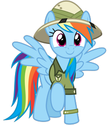 Size: 2600x3000 | Tagged: safe, artist:cheezedoodle96, derpibooru import, rainbow dash, pony, stranger than fan fiction, .svg available, clothes, cosplay, costume, cute, daring do costume, dashabetes, female, feminism, happy, hat, mare, pith helmet, rainbow dash always dresses in style, rainbow sass, raised hoof, shirt, simple background, smiling, solo, spread wings, svg, tomboy, transparent background, vector