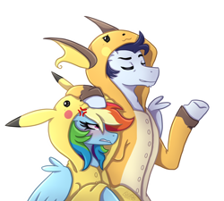 Size: 2000x1800 | Tagged: safe, artist:kikirdcz, derpibooru import, rainbow dash, soarin', pegasus, pikachu, pony, 30 day otp challenge, clothes, costume, cross-popping veins, eyes closed, female, kigurumi, male, pokémon, raichu, raised hoof, shipping, simple background, soarindash, straight, transparent background