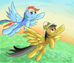 Size: 2500x2142 | Tagged: safe, artist:multiponi, derpibooru import, daring do, rainbow dash, pegasus, pony, flying, smiling