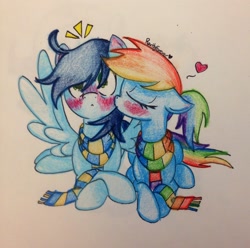 Size: 1024x1016 | Tagged: safe, artist:rarityforever, rainbow dash, soarin', pegasus, pony, alternate hairstyle, blushing, clothes, eyes closed, female, kiss on the cheek, kissing, male, ponytail, scarf, shipping, soarindash, spread wings, straight, surprise kiss, surprised, traditional art, wingboner