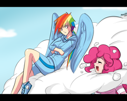 Size: 1200x955 | Tagged: safe, artist:ninja-8004, derpibooru import, pinkie pie, rainbow dash, human, cloud, cute, duo, eyes closed, female, humanized, on a cloud, open mouth, winged humanization