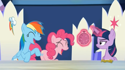 Size: 1277x711 | Tagged: safe, derpibooru import, screencap, pinkie pie, rainbow dash, twilight sparkle, twilight sparkle (alicorn), alicorn, earth pony, pegasus, pony, 28 pranks later, discovery family logo, fart joke, twilight is not amused, unamused, whoopee cushion