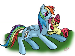 Size: 1024x768 | Tagged: safe, artist:lavenderrain24, apple bloom, rainbow dash, pegasus, pony, cute, duo, grass