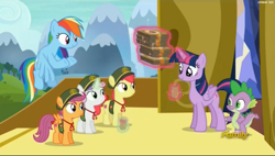 Size: 2511x1431 | Tagged: safe, derpibooru import, screencap, apple bloom, rainbow dash, scootaloo, spike, sweetie belle, twilight sparkle, twilight sparkle (alicorn), alicorn, dragon, pegasus, pony, 28 pranks later, cutie mark, cutie mark crusaders, discovery family logo, female, filly, filly guides, the cmc's cutie marks