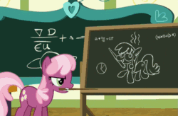 Size: 1099x721 | Tagged: safe, derpibooru import, screencap, cheerilee, rainbow dash, pegasus, pony, 28 pranks later, angry, animated, chalkboard, mouth hold, pointer