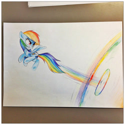 Size: 894x894 | Tagged: safe, artist:affanita, rainbow dash, pegasus, pony, flying, photo, solo, sonic rainboom, traditional art, trail