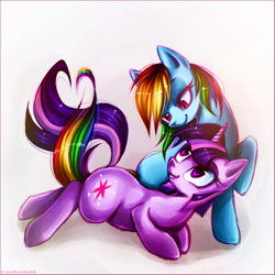 Size: 1082x1082 | Tagged: safe, artist:crazyrainbow0, rainbow dash, twilight sparkle, pegasus, pony, unicorn, bedroom eyes, female, grin, lesbian, looking at each other, lying down, mare, shipping, smiling, twidash