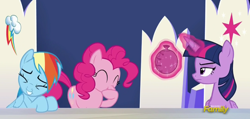 Size: 790x375 | Tagged: safe, derpibooru import, screencap, pinkie pie, rainbow dash, twilight sparkle, twilight sparkle (alicorn), alicorn, earth pony, pegasus, pony, 28 pranks later, discovery family logo, fart joke, female, laughing, whoopee cushion