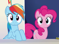 Size: 608x456 | Tagged: safe, derpibooru import, screencap, pinkie pie, rainbow dash, earth pony, pegasus, pony, 28 pranks later, cute, dashabetes, diapinkes, female, looking at you, mare