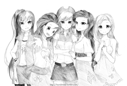 Size: 921x624 | Tagged: safe, artist:tsurukinoki, derpibooru import, applejack, fluttershy, pinkie pie, rainbow dash, rarity, grayscale, humanized, monochrome