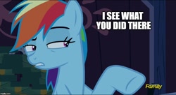 Size: 920x500 | Tagged: safe, derpibooru import, screencap, rainbow dash, pegasus, pony, 28 pranks later, discovery family logo, gotcha, i see what you did there, literal, meme