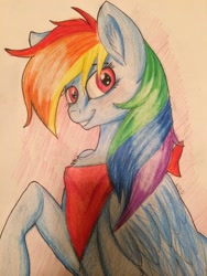 Size: 2448x3264 | Tagged: safe, artist:snowfoxythefox, derpibooru import, rainbow dash, pegasus, pony, awesome, bandana, clothes, colored, colored pencil drawing, colored sketch, cute, dashabetes, looking at you, pencil, pencil drawing, simple background, sitting, smiling, solo, traditional art