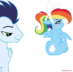 Size: 889x876 | Tagged: safe, artist:sofialurax, derpibooru import, rainbow dash, soarin', pegasus, pony, female, male, shipping, simple background, soarindash, straight, transparent background