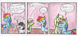 Size: 1466x681 | Tagged: safe, artist:oneovertwo, derpibooru import, rainbow dash, earth pony, pegasus, pony, zombie, 28 pranks later, comic, dialogue, female, mare, no pupils, open mouth, raised hoof, speech bubble, traditional art