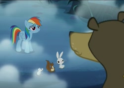 Size: 1757x1242 | Tagged: safe, derpibooru import, screencap, angel bunny, harry, rainbow dash, bear, pegasus, pony, squirrel, 28 pranks later, dark, everfree forest, fog, lidded eyes, smiling, smirk