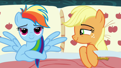 Size: 1536x864 | Tagged: safe, derpibooru import, edit, edited screencap, screencap, applejack, rainbow dash, earth pony, pegasus, pony, 28 pranks later, read it and weep, appledash, applejack's bed partner, bed, bedroom eyes, exploitable meme, female, implied appledash, lesbian, lidded eyes, mare, meme, pillow, shipping