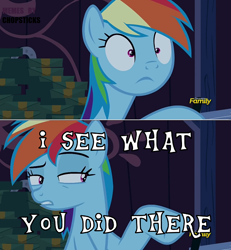 Size: 500x540 | Tagged: safe, derpibooru import, screencap, rainbow dash, pegasus, pony, 28 pranks later, discovery family logo, i see what you did there, literal, meme, solo