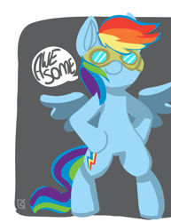 Size: 875x1134 | Tagged: dead source, safe, artist:fauxsquared, rainbow dash, pegasus, pony, abstract background, bipedal, female, goggles, mare, simple background, solo, speech bubble, standing