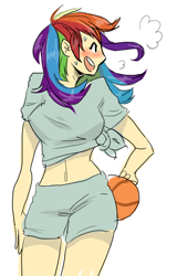 Size: 414x646 | Tagged: safe, artist:kickitdown, rainbow dash, human, basketball, belly button, humanized, midriff, solo, sweat