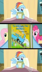 Size: 581x1000 | Tagged: safe, rainbow dash, earth pony, pegasus, pony, book, book cover, reading rainbow, train, vulgar, wat