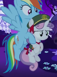 Size: 342x461 | Tagged: safe, derpibooru import, screencap, rainbow dash, sweetie belle, pegasus, pony, 28 pranks later, cropped, female, filly, holding a pony, out of context, sweetie belle is not amused, the cmc's cutie marks, unamused