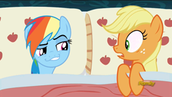 Size: 800x450 | Tagged: safe, derpibooru import, edit, edited screencap, screencap, applejack, rainbow dash, earth pony, pegasus, pony, 28 pranks later, appledash, applejack's bed partner, bed, exploitable meme, faic, female, lesbian, meme, pillow, shipping, smug, smugdash